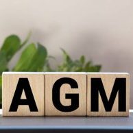 AGM Annual general meeting acronym on wooden cubes on blue backround. Business concept.